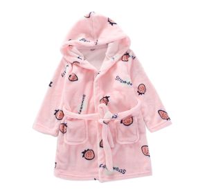 Girls Pink Strawberry Flannel Hooded Bathrobes Self Tie Soft Robe for Bath Homewear