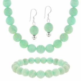 Sterling Silver 8mm Genuine Amazonite Stone Bead Beaded Dangle Hook Earrings Stretch Bracelet Necklace 15-19" Jewelry Set