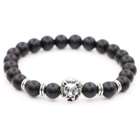 Natural Frosted Stone Matt Black Fashion Agate Jewelry Alloy Lion's Head Elastic String Bracelet (Color: Bead Silver Head)