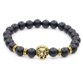 Natural Frosted Stone Matt Black Fashion Agate Jewelry Alloy Lion's Head Elastic String Bracelet (Color: Bead Gold Head)