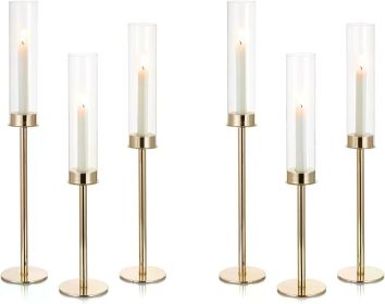 Hurricane Candle Holders Bulk with Crystal Glass Cylinder Sleeves for Party Event Centerpieces Metal Taper Candle Stick Holder (Color: Gold-19.7- 6 Pcs)