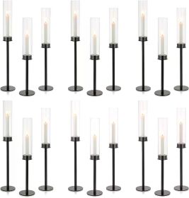 Hurricane Candle Holders Bulk with Crystal Glass Cylinder Sleeves for Party Event Centerpieces Metal Taper Candle Stick Holder (Color: Black-19.7- 18 Pcs)