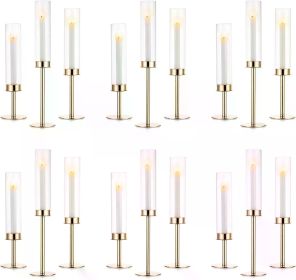 Hurricane Candle Holders Bulk with Crystal Glass Cylinder Sleeves for Party Event Centerpieces Metal Taper Candle Stick Holder (Color: Gold-19.7- 18 Pcs)